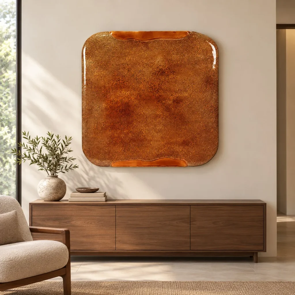 Rust Glazed Slab with Glossy Edge, 100 x 100 cm in rust — front view