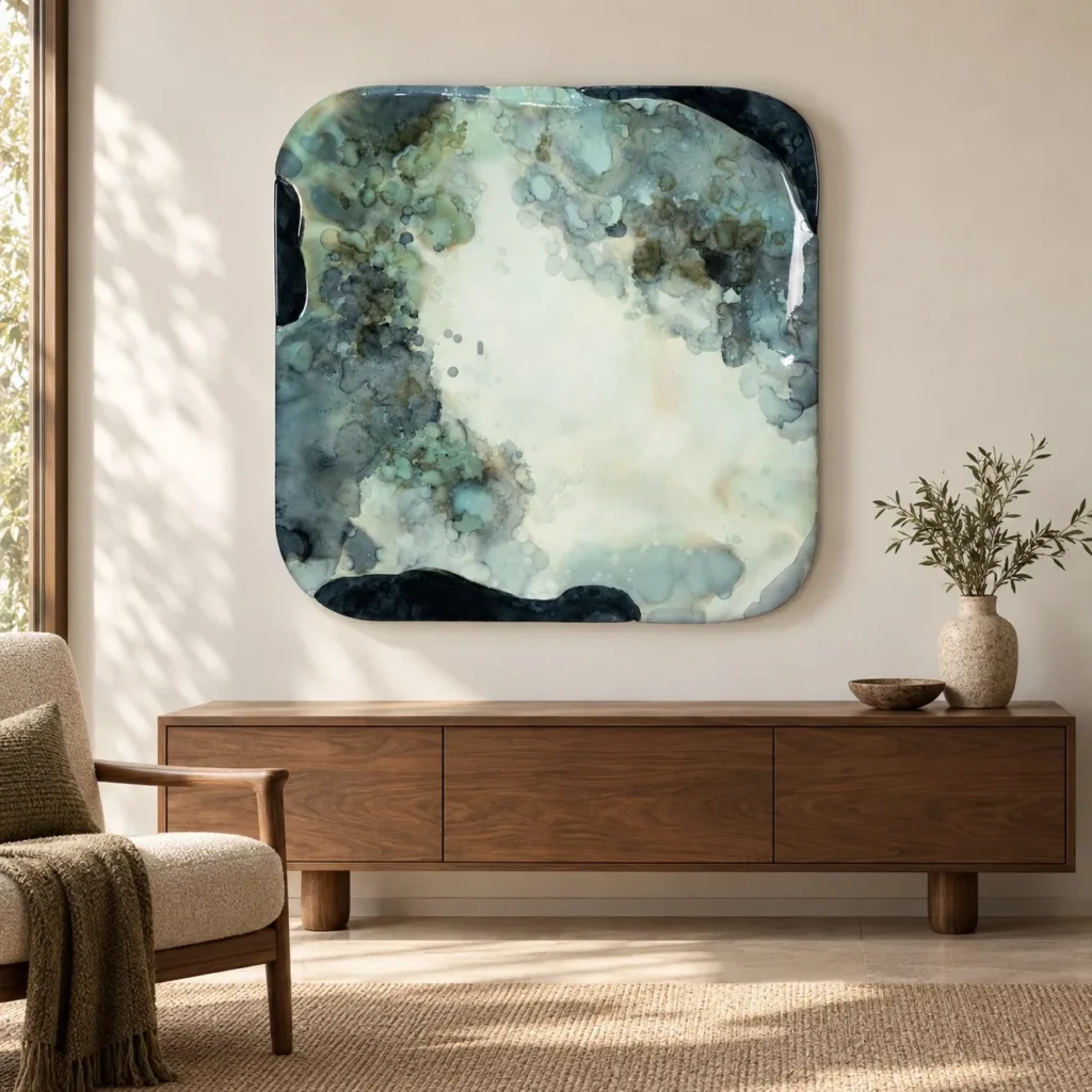 Teal Ink Wash Glazed Slab, 100 x 100 cm in blue — front view