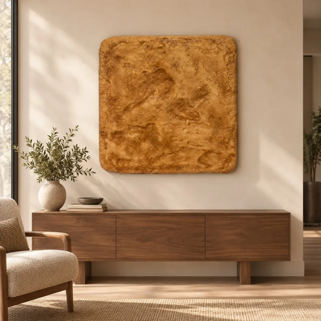 Ochre Textured Slab Wall Art, 98 x 98 cm in mustard — front view