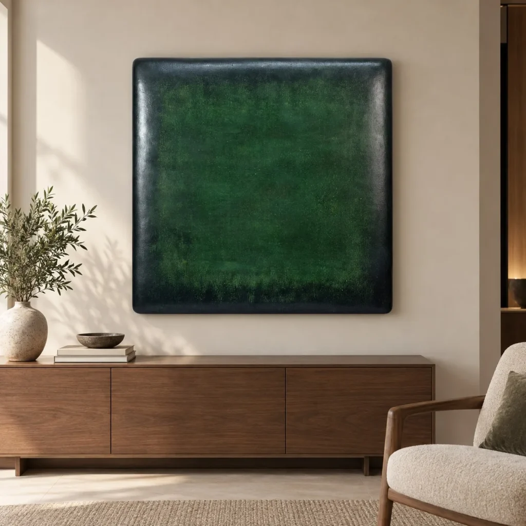 Forest Green Glazed Slab Wall Art, 98 x 98 cm in olive — front view
