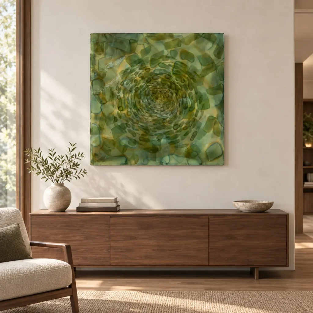 Green Petal Spiral Glazed Wall Art, 80 x 80 cm in olive — front view