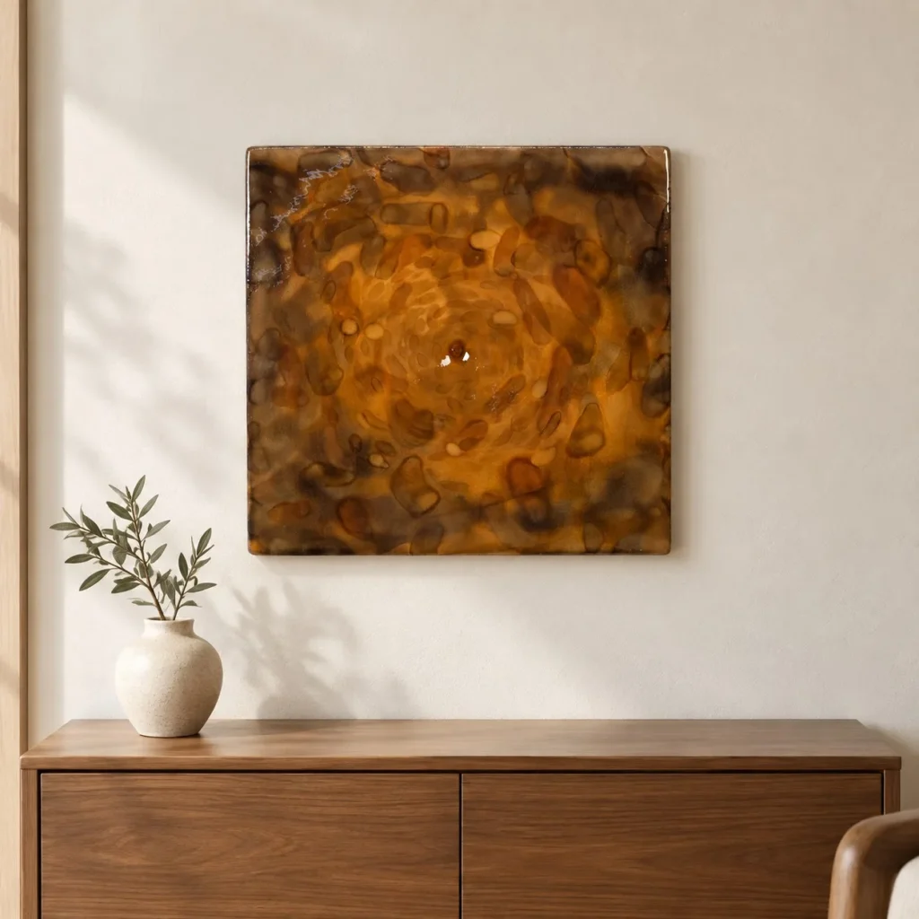 Amber Spiral Glazed Wall Art, 60 x 60 cm in rust — front view