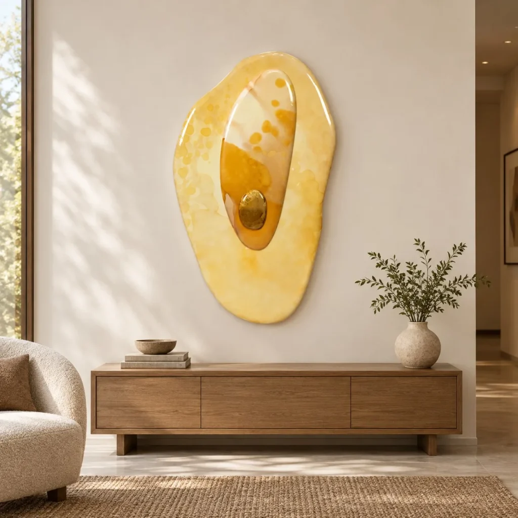 Yellow Pebble Glazed Wall Art with Amber Drop, 76 x 128 cm in mustard — front view