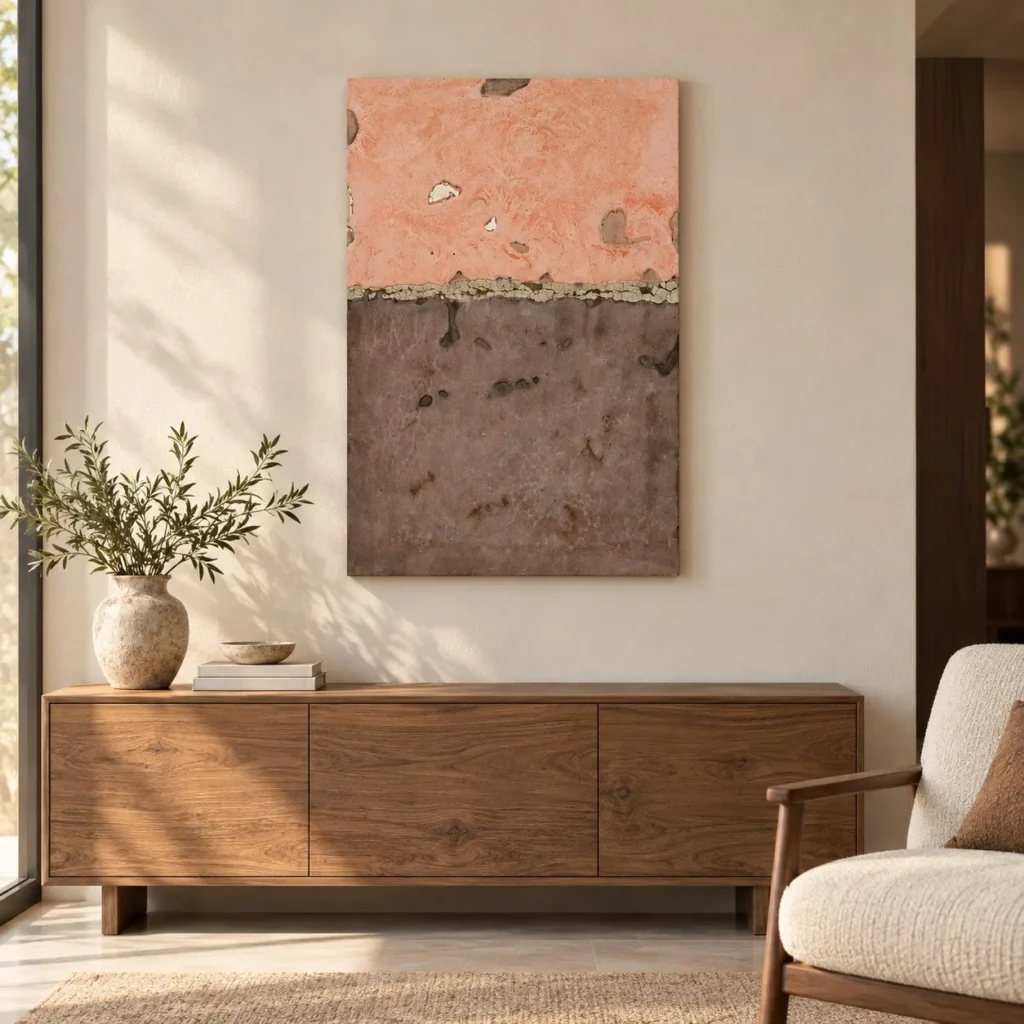 Coral and Slate Colour Field Panel, 60 x 90 cm in rose stone — front view