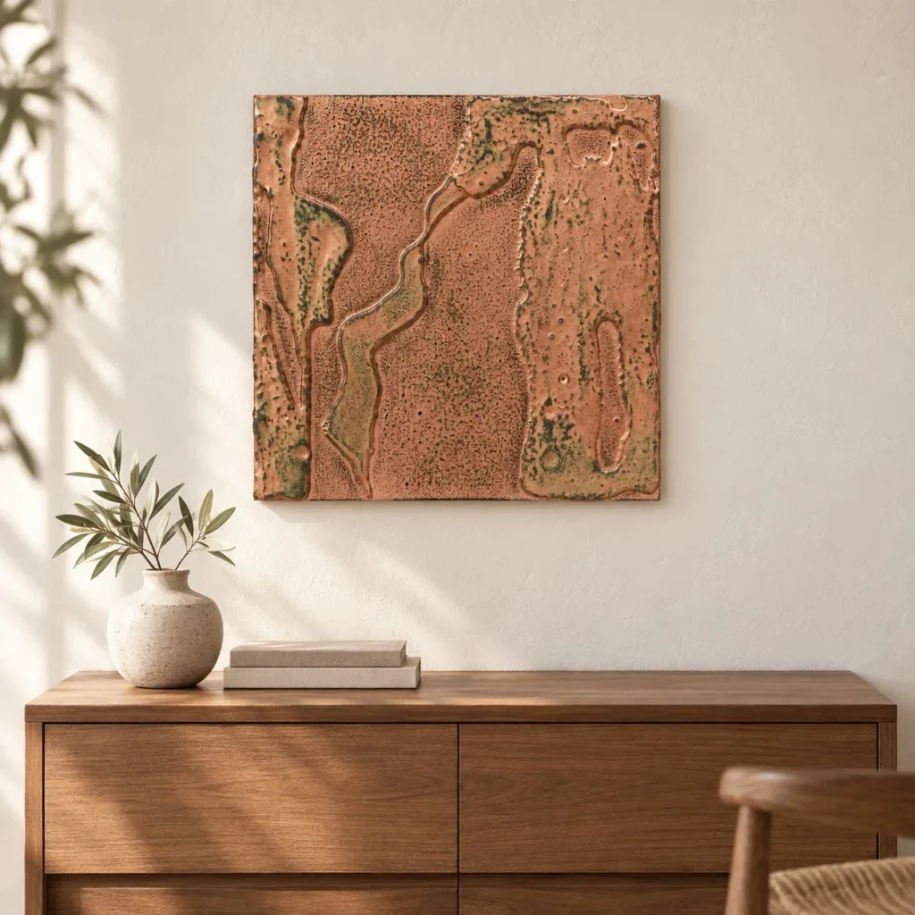 Small Copper Relief Wall Art with Sage Veins, 40 x 40 cm in bronze — front view