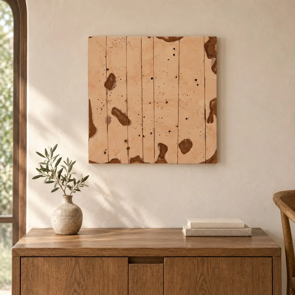 Small Peach Plank Panel with Brown Patches, 40 x 40 cm in rose stone — front view