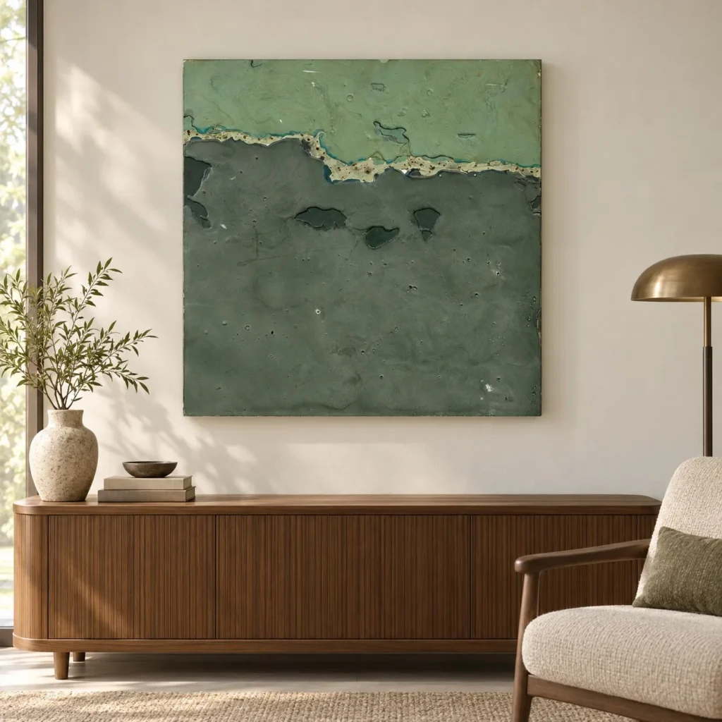 Green Shoreline Textured Panel, 80 x 80 cm in olive — front view