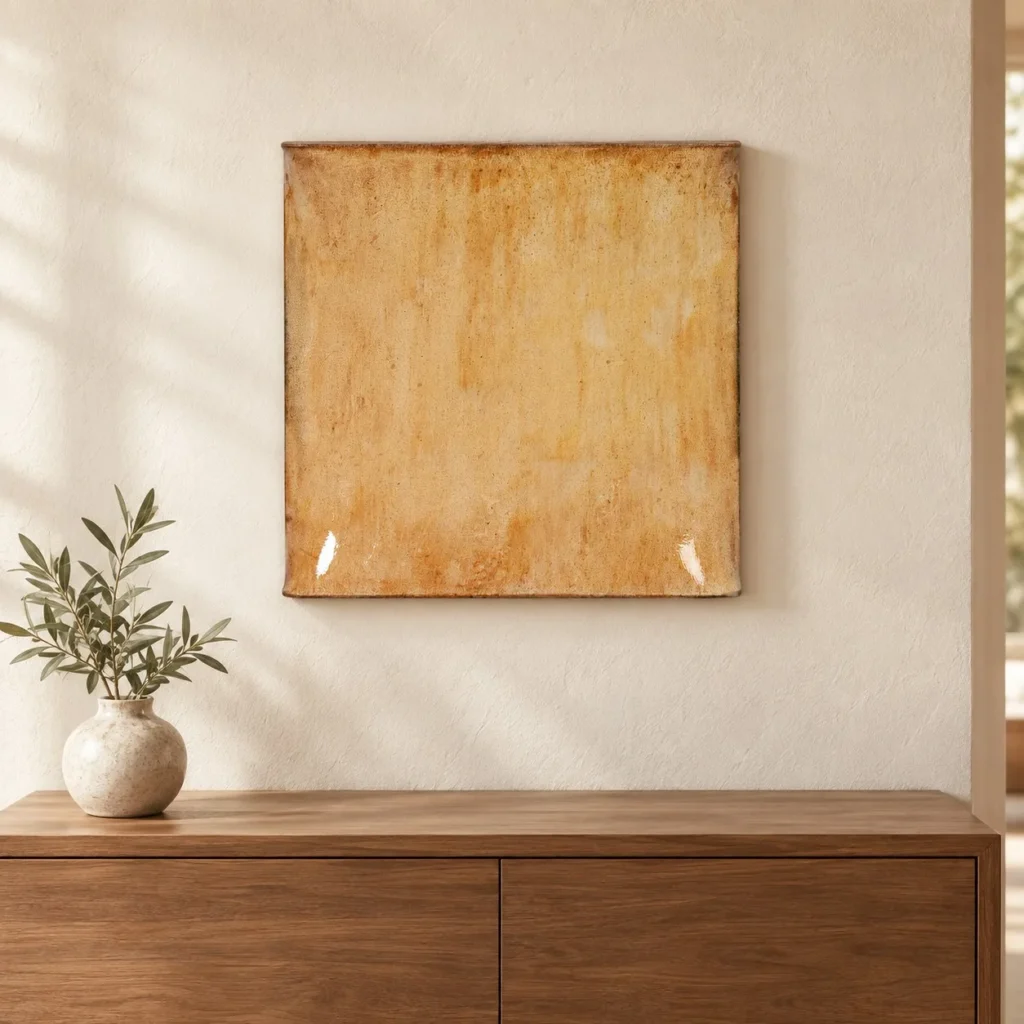 Pale Amber Glazed Slab Wall Art, 60 x 60 cm in mustard — front view