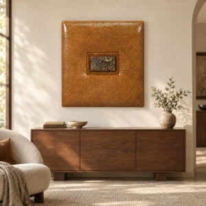 Amber Speckle Glazed Slab with Marble Inset, 80 x 85 cm in rust — front view