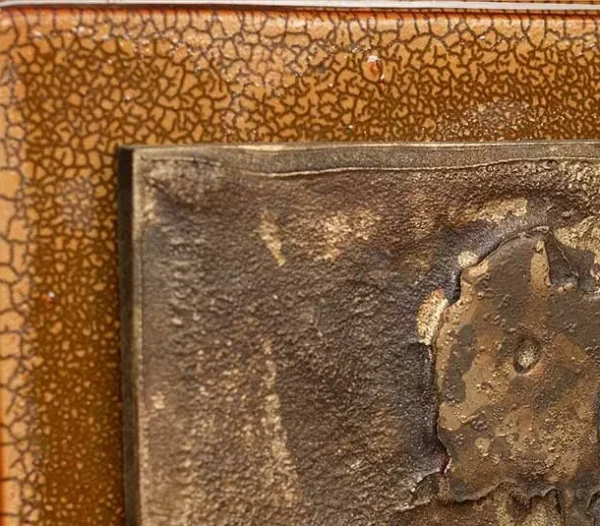 Amber Speckle Glazed Slab with Marble Inset, 80 x 85 cm in rust — detail