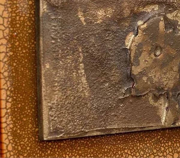 Amber Speckle Glazed Slab with Marble Inset, 80 x 85 cm in rust — detail