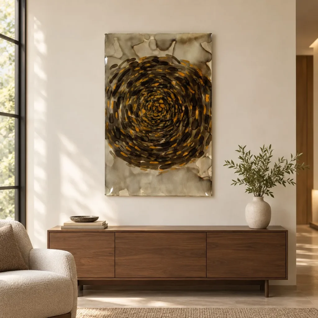 Tortoiseshell Spiral Panel on Grey Wash, 78 x 119 cm in clay — front view