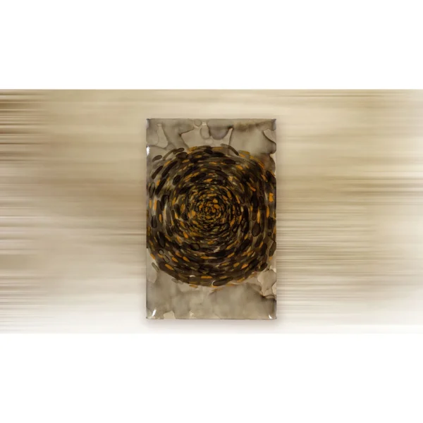 Tortoiseshell Spiral Panel on Grey Wash, 78 x 119 cm in clay — in a room setting