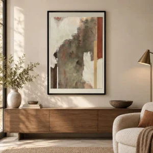 Olive and Rust Abstract Painting in Black Frame, 82 x 120 cm — front view