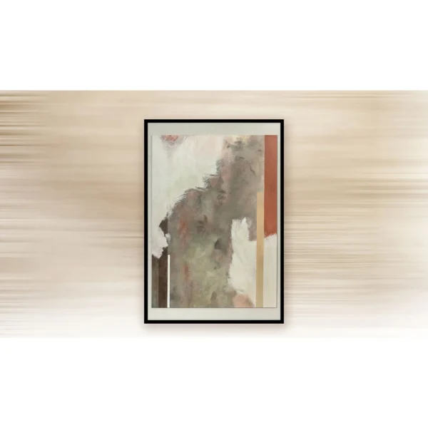 Olive and Rust Abstract Painting in Black Frame, 82 x 120 cm — in a room setting