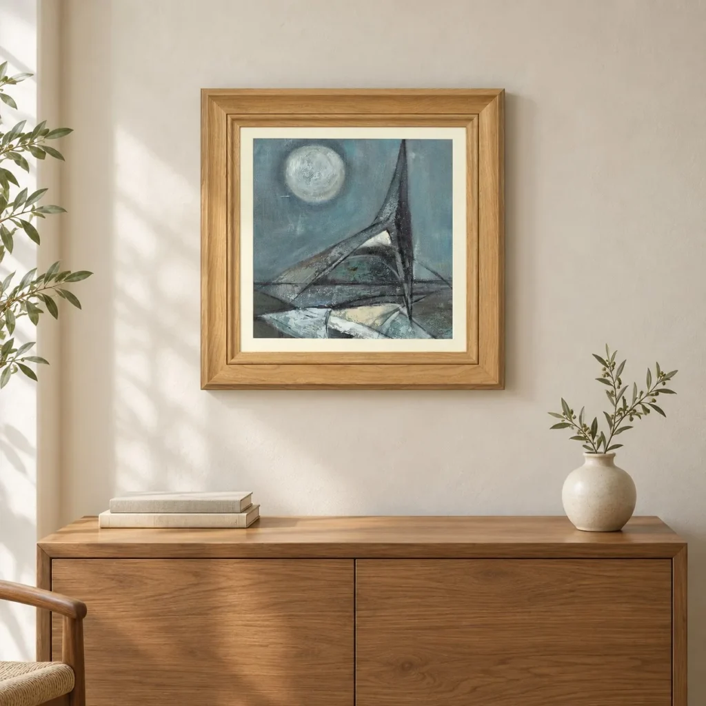 Moonlit Sail Painting in Oak Frame, 60 x 60 cm — front view