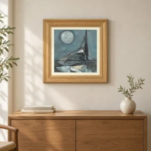 Moonlit Sail Painting in Oak Frame, 60 x 60 cm — front view