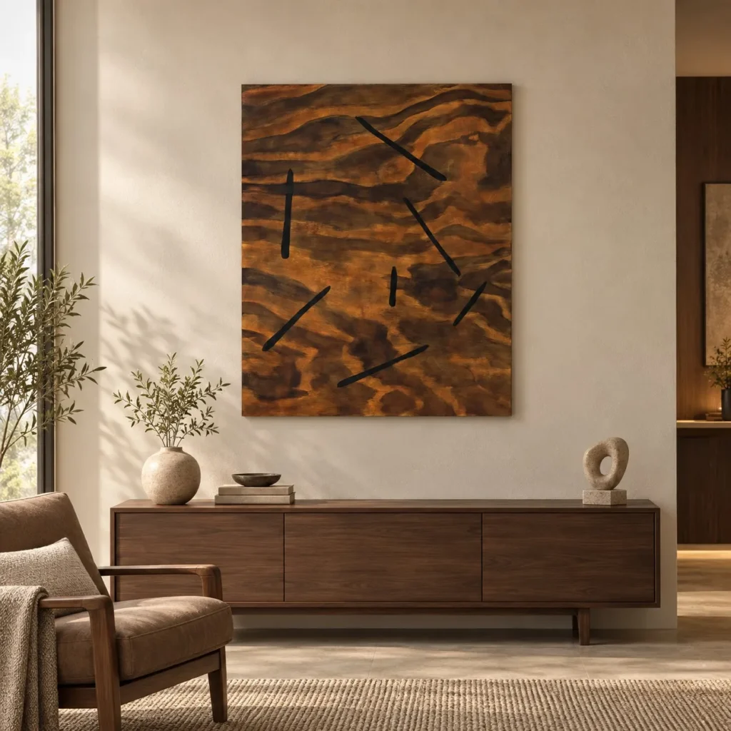 Burl Wood Grain with Black Dashes Painting, 80 x 100 cm in clay — front view