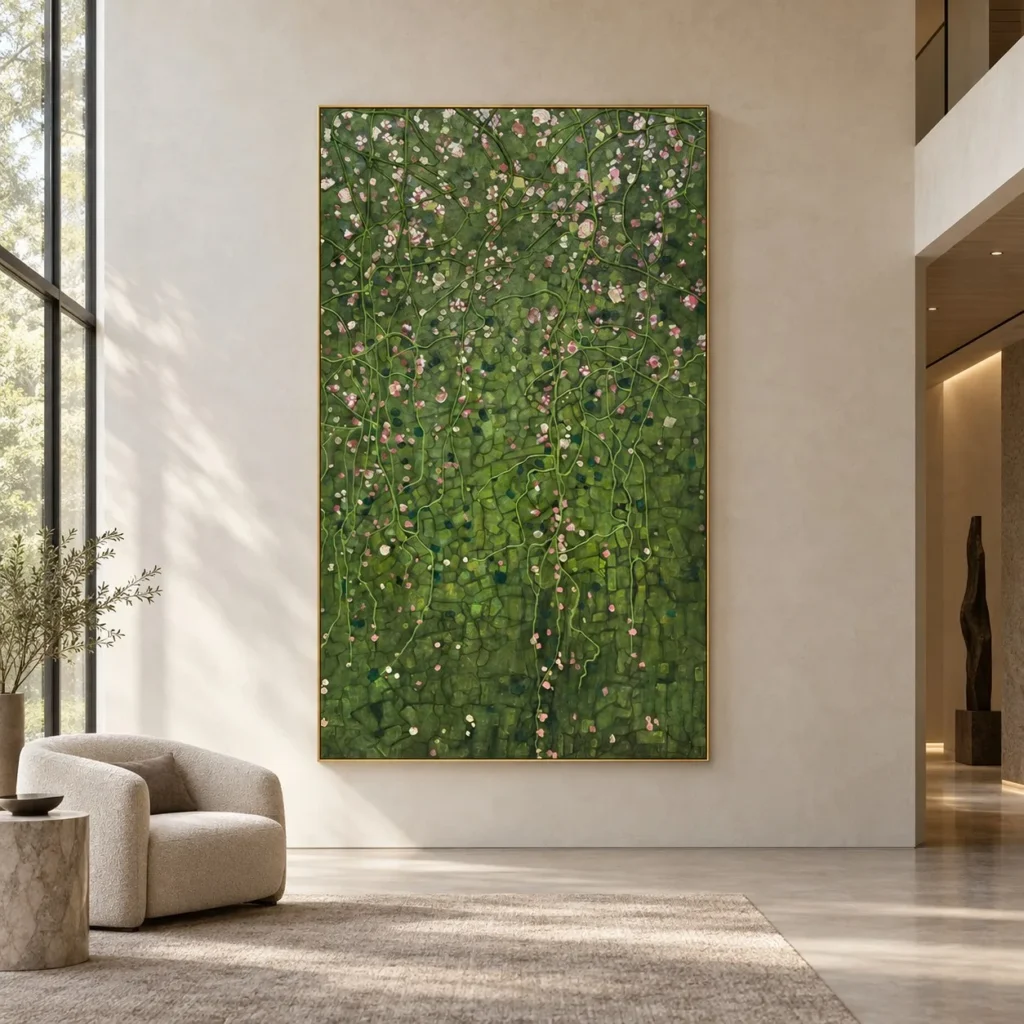 Monumental Green Hedge with Blossoms Painting, 150 x 250 cm in olive — front view