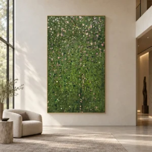 Monumental Green Hedge with Blossoms Painting, 150 x 250 cm in olive — front view