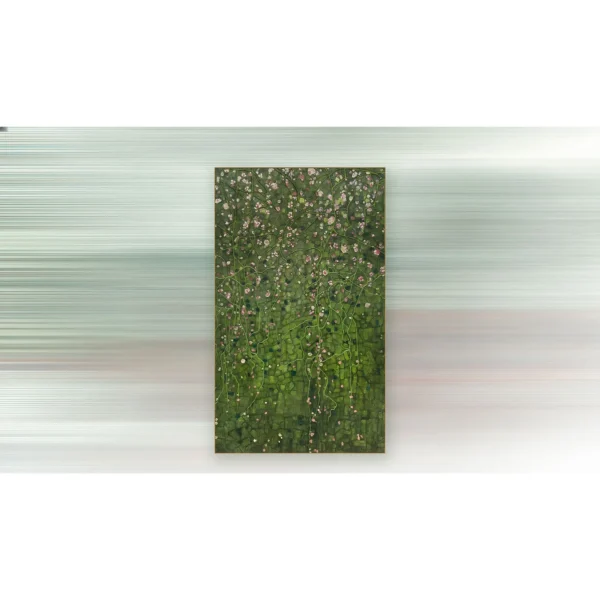 Monumental Green Hedge with Blossoms Painting, 150 x 250 cm in olive — in a room setting