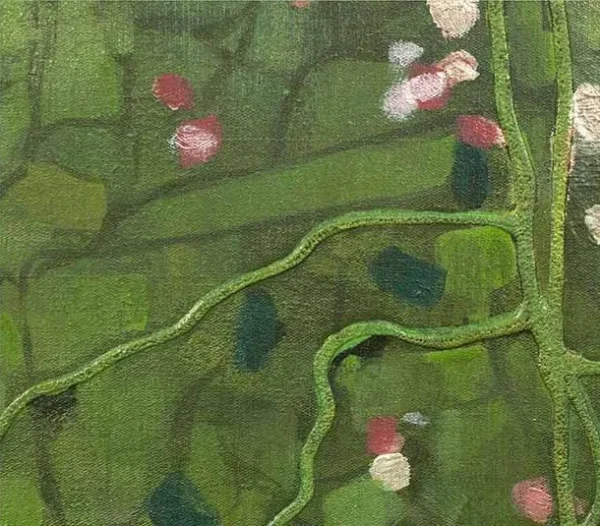 Monumental Green Hedge with Blossoms Painting, 150 x 250 cm in olive — detail