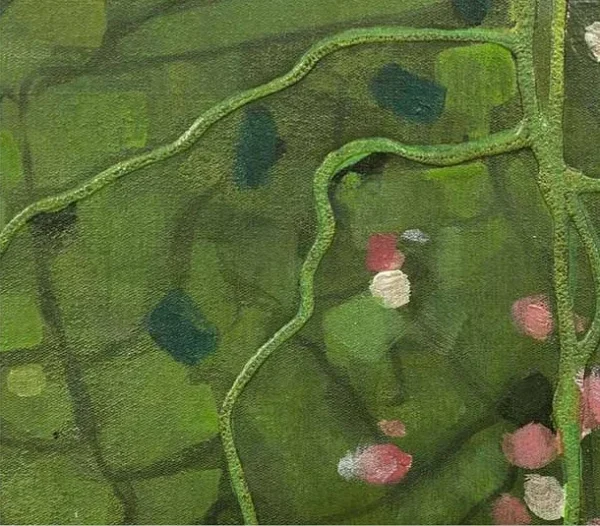 Monumental Green Hedge with Blossoms Painting, 150 x 250 cm in olive — detail