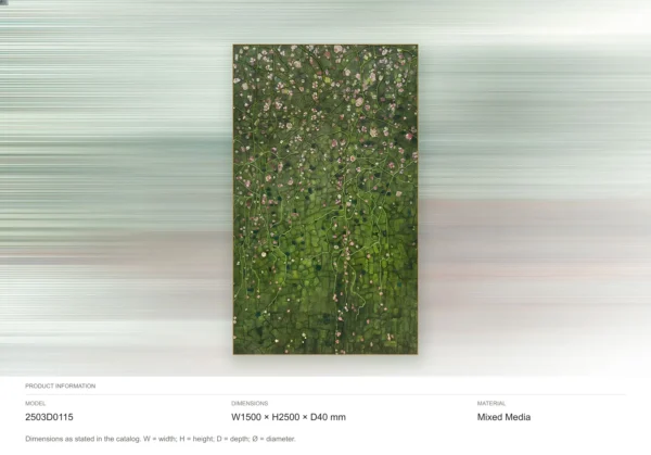 Monumental Green Hedge with Blossoms Painting, 150 x 250 cm in olive — dimensions