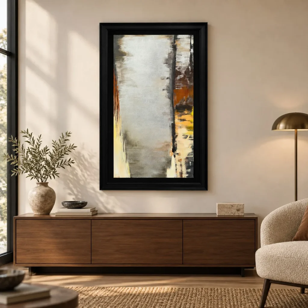 Silver and Amber Streak Abstract in Black Frame, 68 x 109 cm — front view