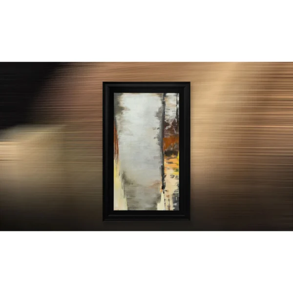 Silver and Amber Streak Abstract in Black Frame, 68 x 109 cm — in a room setting
