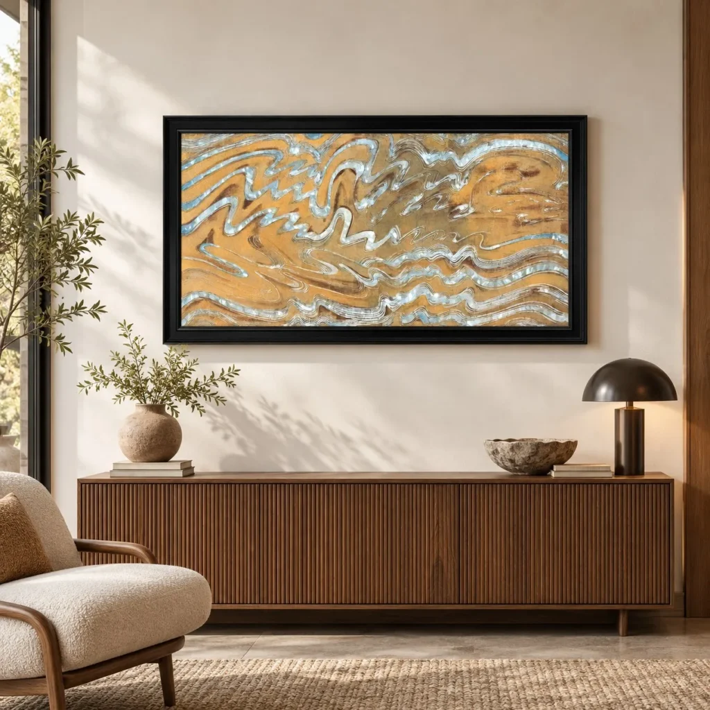 Wide Gold and Silver Marbled Wave Wall Art in brushed brass — front view