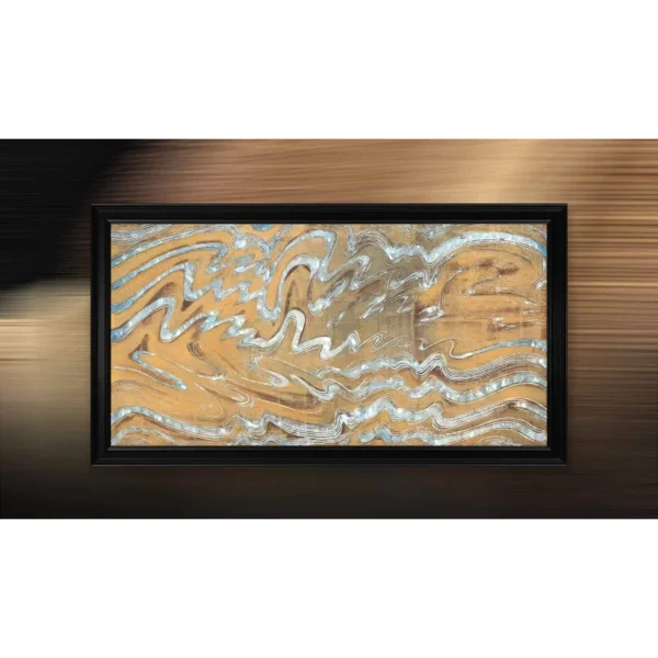 Wide Gold and Silver Marbled Wave Wall Art in brushed brass — in a room setting