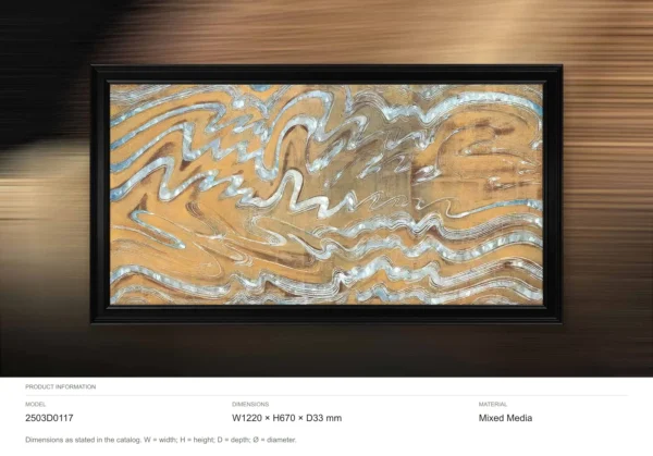 Wide Gold and Silver Marbled Wave Wall Art in brushed brass — dimensions