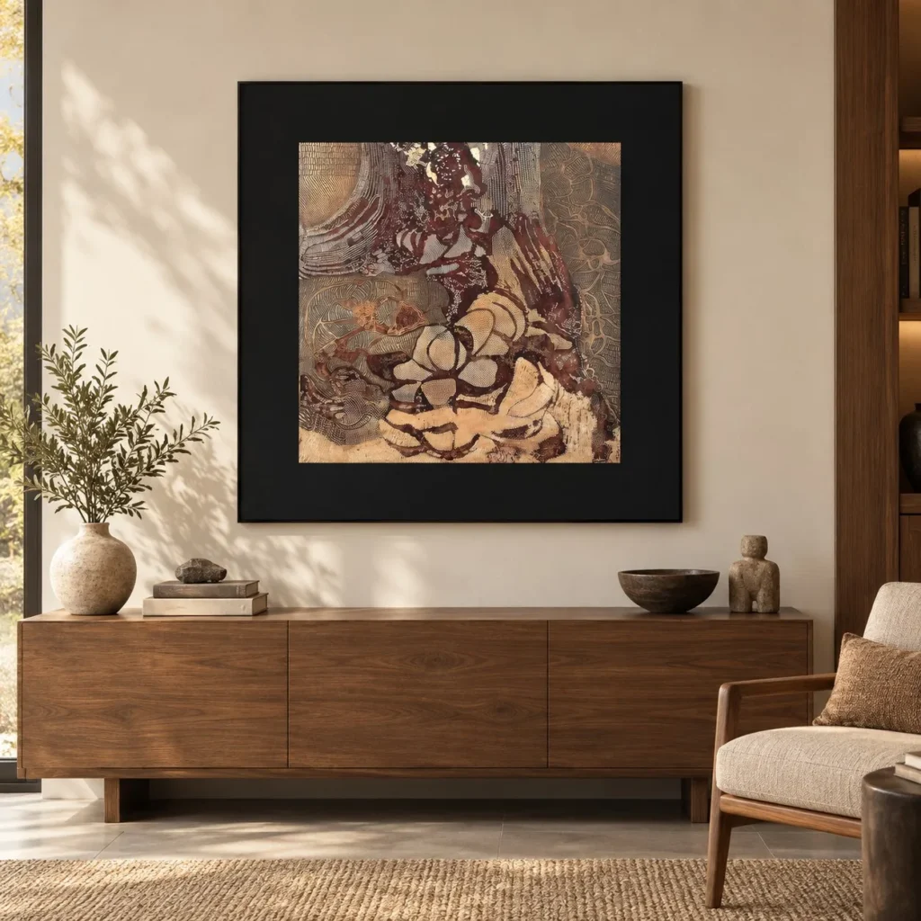 Marbled Rust Abstract in Wide Black Frame, 111 x 110 cm — front view