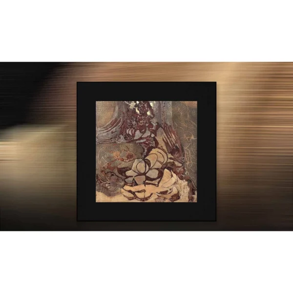 Marbled Rust Abstract in Wide Black Frame, 111 x 110 cm — in a room setting