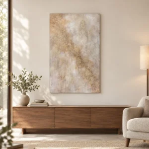 Champagne Gold Speckle Textured Painting, 68 x 109 cm in brushed brass — front view