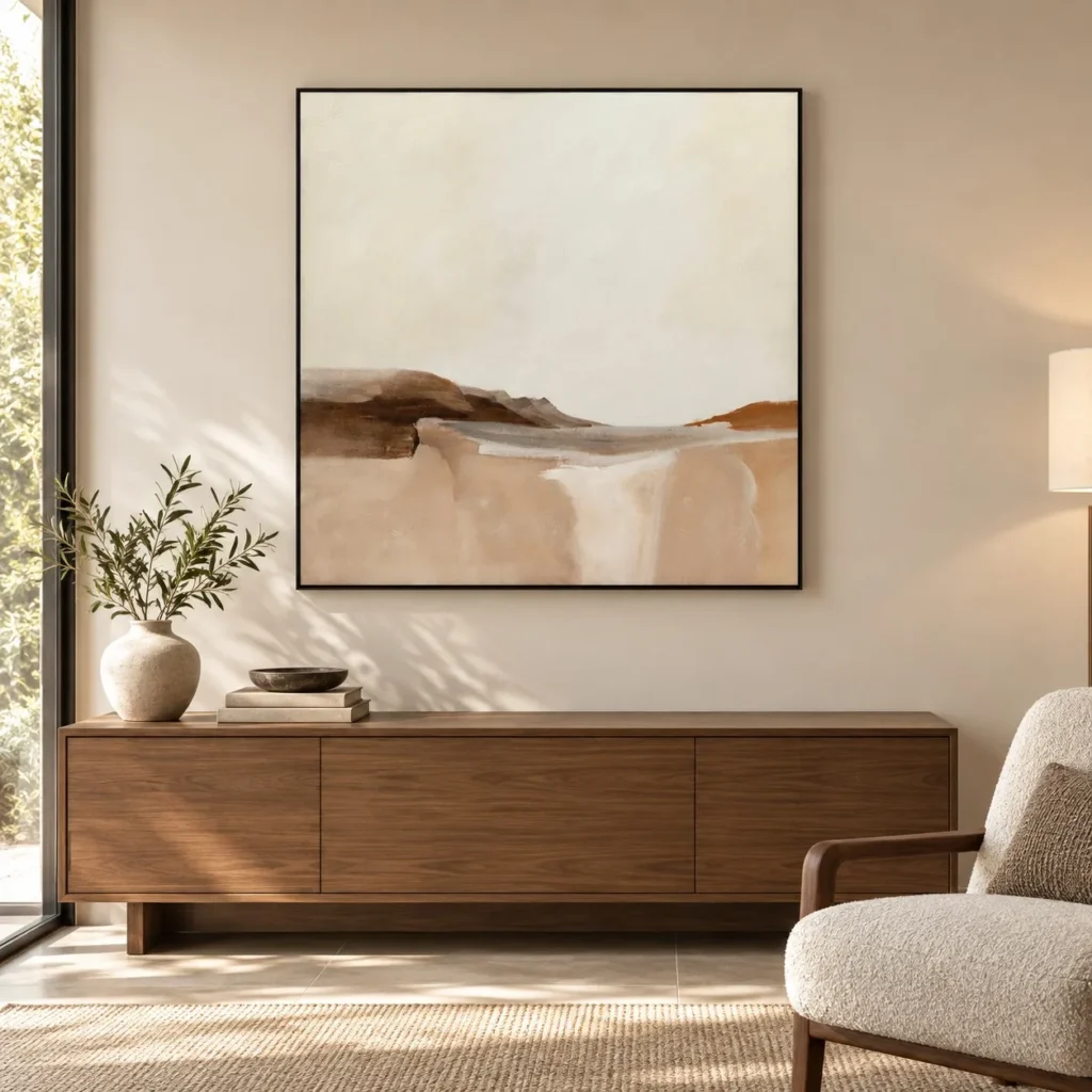 Minimal Desert Landscape Painting in oatmeal — front view