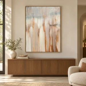 Rust Drip on Cream Abstract Painting, 120 x 160 cm in rust — front view