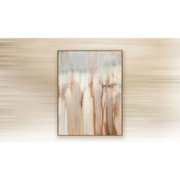 Rust Drip on Cream Abstract Painting, 120 x 160 cm in rust — in a room setting