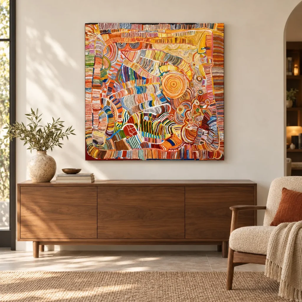Multicolour Patchwork Line Painting, 100 x 100 cm in multicolour — front view