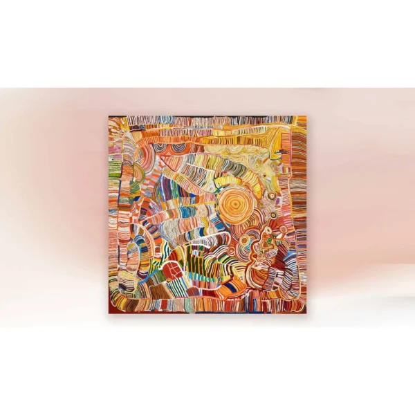 Multicolour Patchwork Line Painting, 100 x 100 cm in multicolour — in a room setting