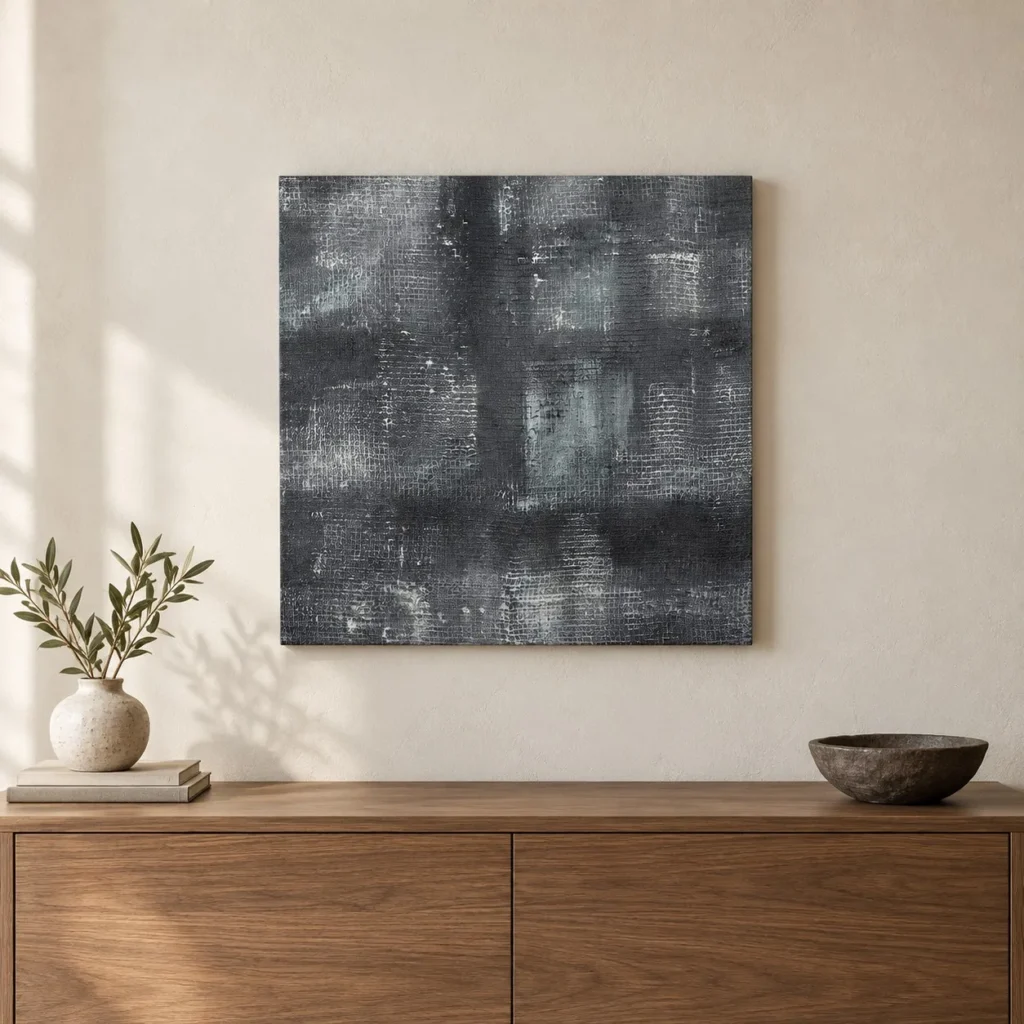 Charcoal Grid Textured Wall Art, 50 x 50 cm in black — front view