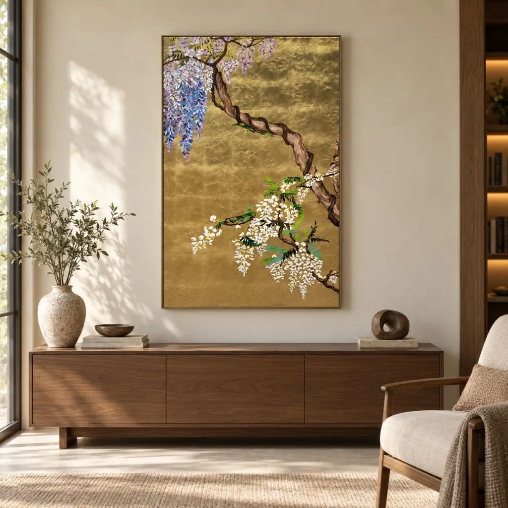 Wisteria on Gold Leaf Painting, 80 x 120 cm in brushed brass — front view