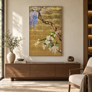 Wisteria on Gold Leaf Painting, 80 x 120 cm in brushed brass — front view