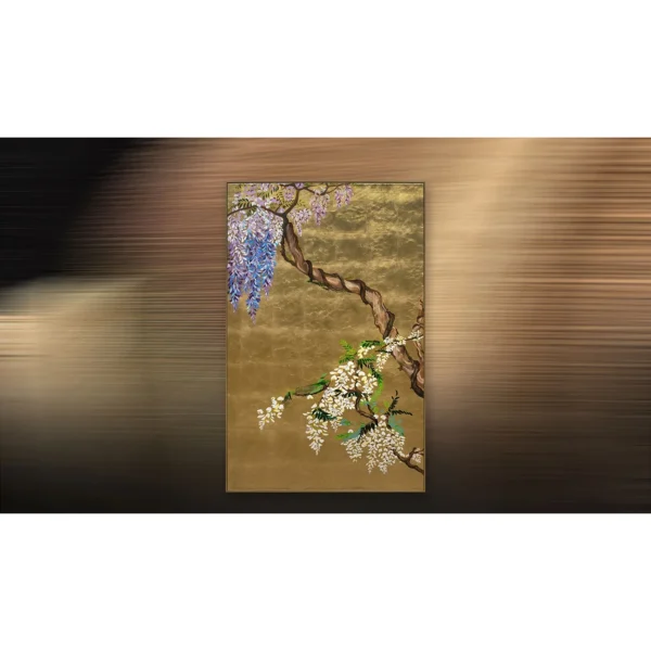 Wisteria on Gold Leaf Painting, 80 x 120 cm in brushed brass — in a room setting