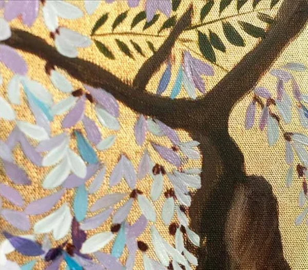 Wisteria on Gold Leaf Painting, 80 x 120 cm in brushed brass — detail