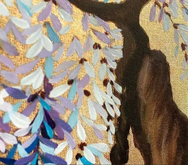 Wisteria on Gold Leaf Painting, 80 x 120 cm in brushed brass — detail