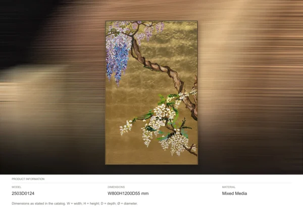 Wisteria on Gold Leaf Painting, 80 x 120 cm in brushed brass — dimensions