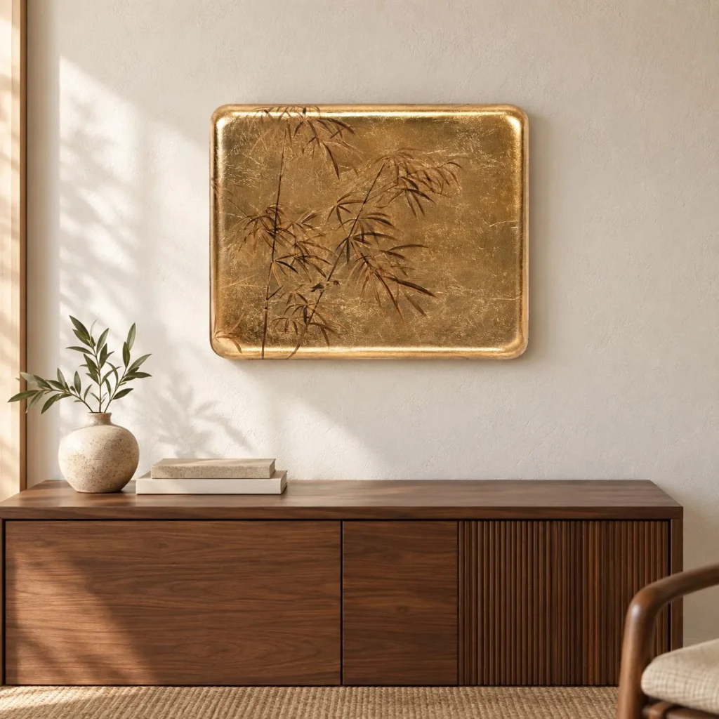 Gold Leaf Bamboo Panel with Rounded Corners, 55 x 45 cm in brushed brass — front view