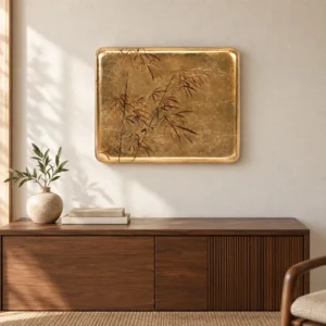 Gold Leaf Bamboo Panel with Rounded Corners, 55 x 45 cm in brushed brass — front view